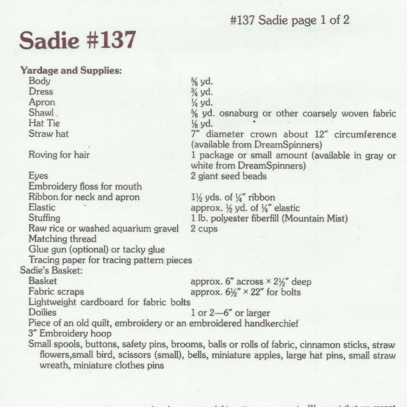 Dream Spinners 137 Peddler Doll Sadie and Clothing Pattern Uncut Vintage 1987 - Picture 4 of 5